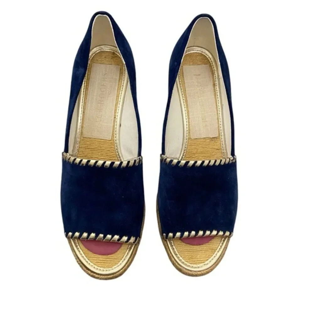 Jack Rogers Palmer Espadrille Peep Toe Wedge Navy Blue Faux Suede Size 9M